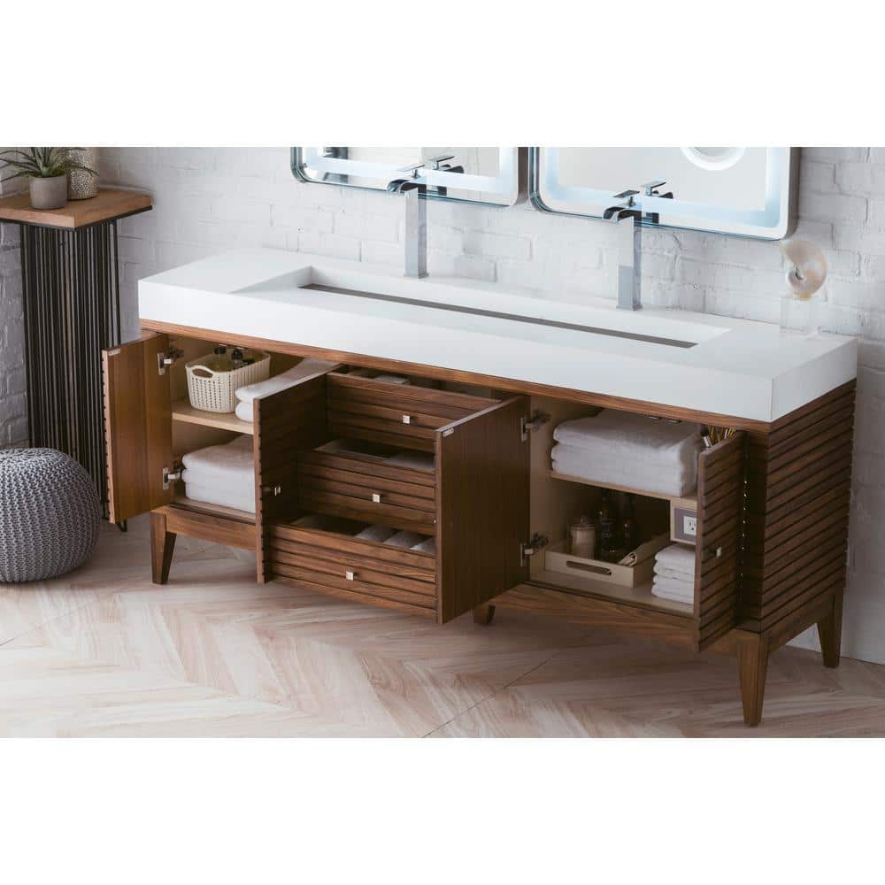 James Martin Vanities Linear Double Bath Vanity, 72.5 in., Walnut Finish, Glossy White Top