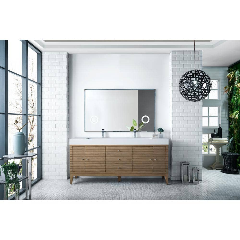 James Martin Vanities Linear 72.5" Double Bath Vanity, Whitewashed Walnut, Glossy White Top