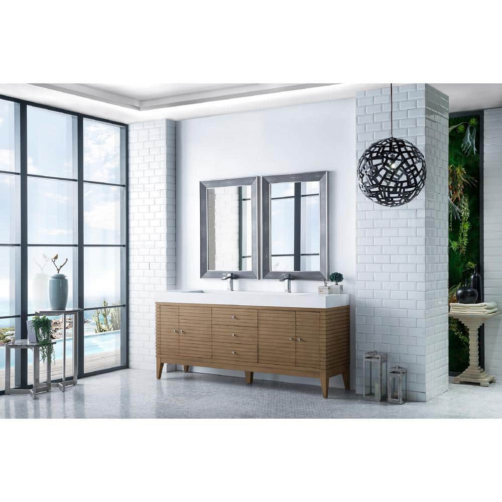 James Martin Vanities Linear 72.5" Double Bath Vanity, Whitewashed Walnut, Glossy White Top