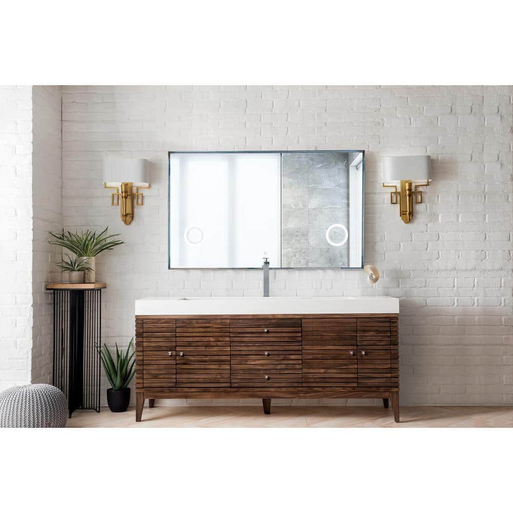 James Martin Vanities Linear 72.5 in. Single Bath Vanity, Mid Century Walnut with Glossy White Top