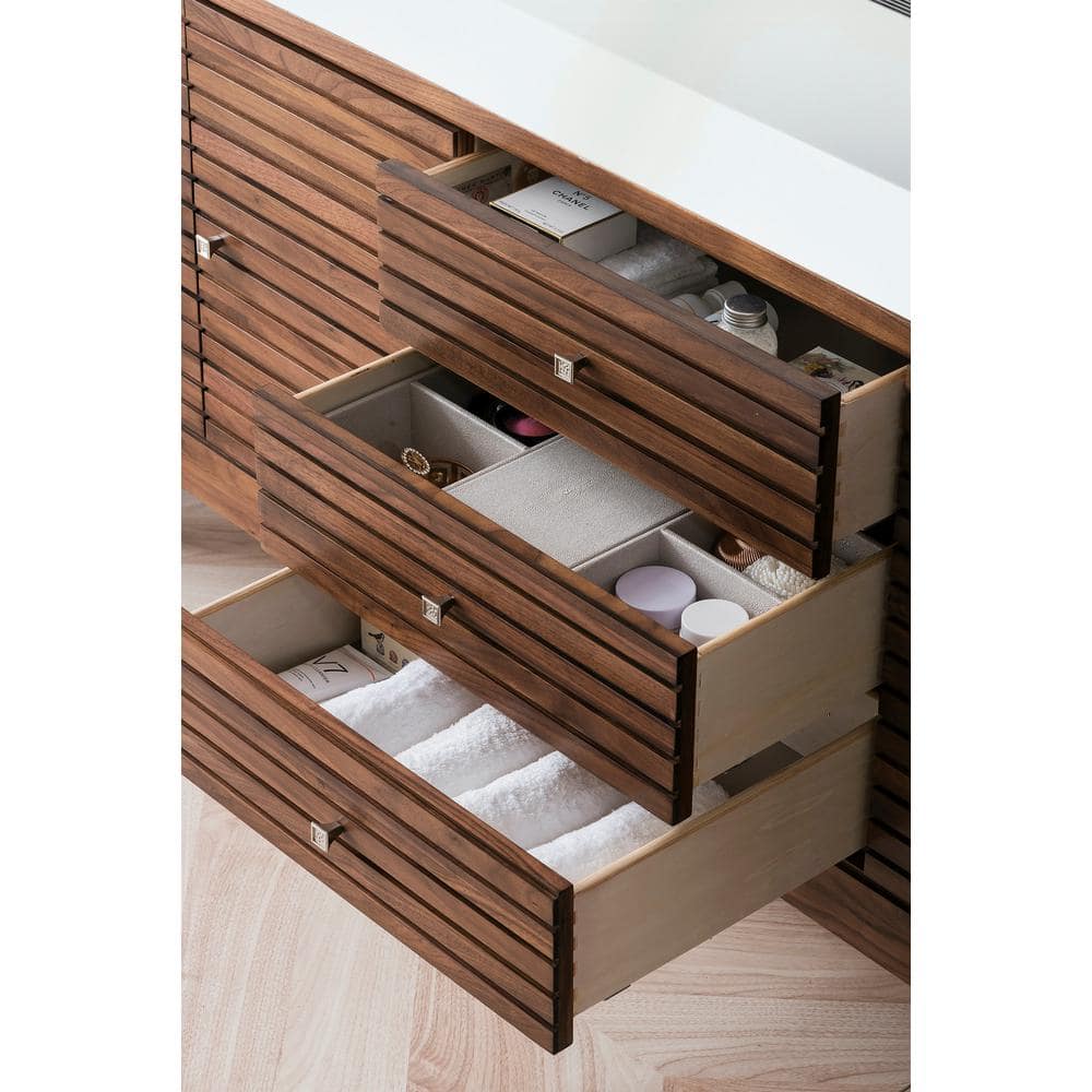 James Martin Vanities Linear 72.5 in. Single Bath Vanity, Mid Century Walnut with Glossy White Top