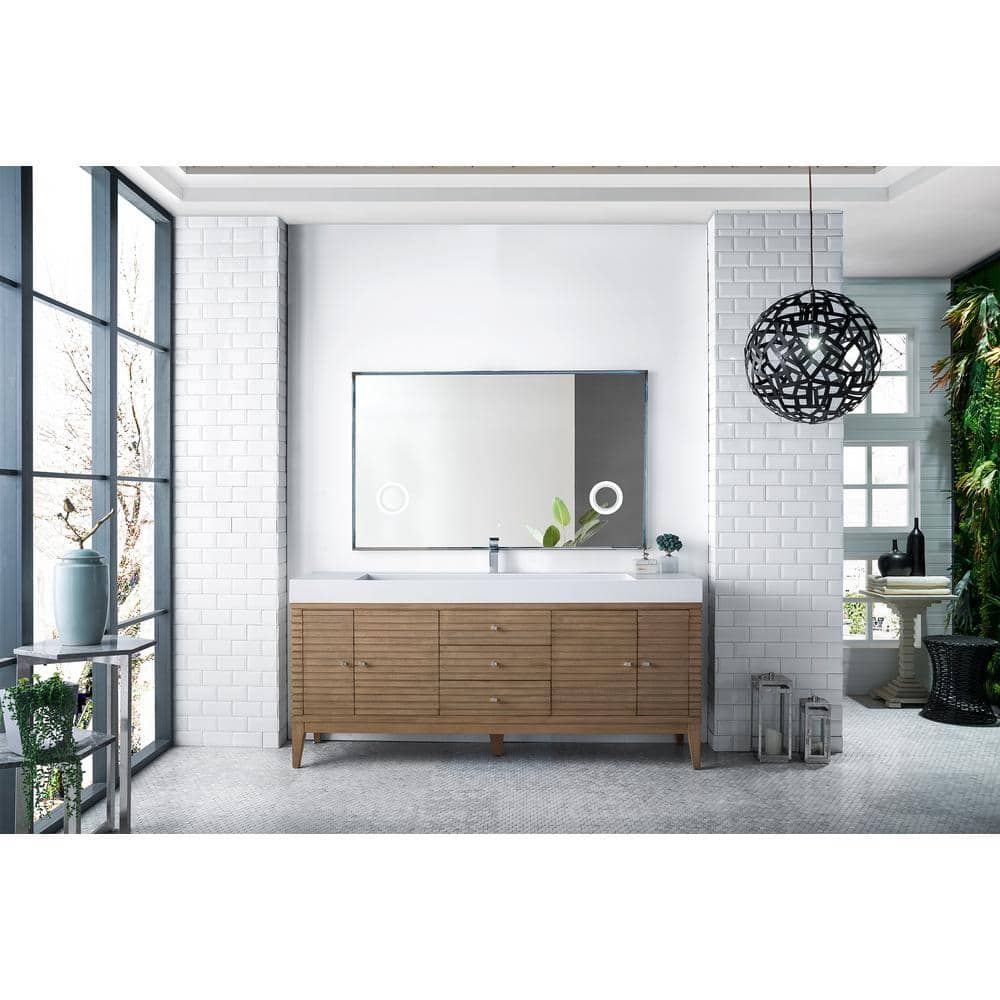 James Martin Vanities Linear 72" Single Bath Vanity, Whitewashed Walnut with Glossy White Top