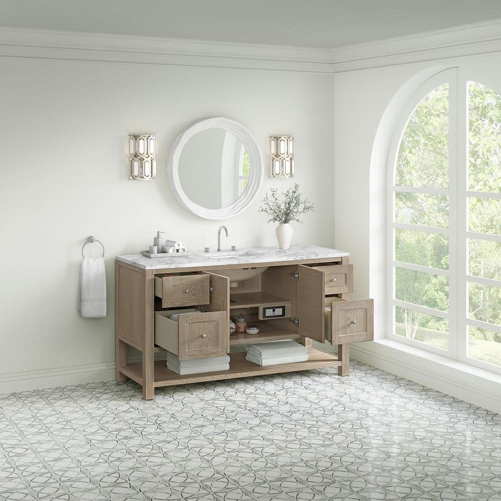 James Martin Vanities Breckenridge 60" Single Bath Vanity in Whitewashed Oak with Carrara Marble Top