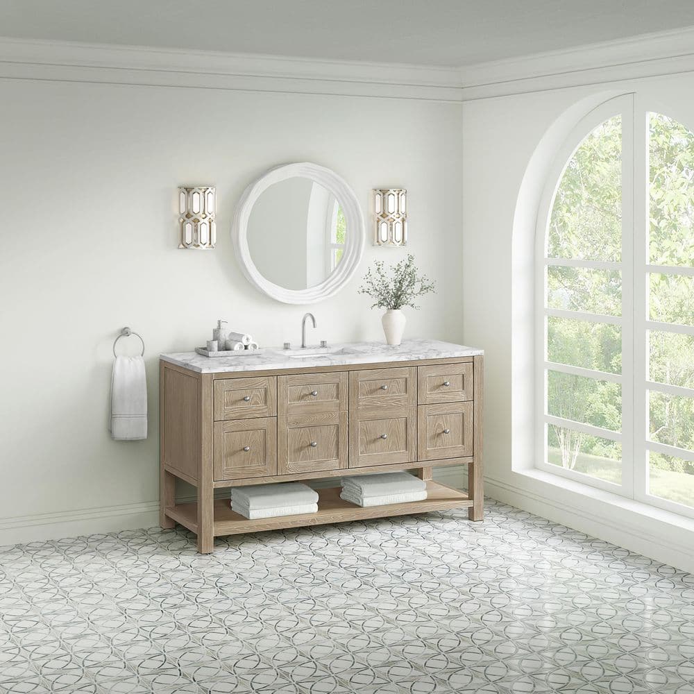 James Martin Vanities Breckenridge 60" Single Bath Vanity in Whitewashed Oak with Carrara Marble Top