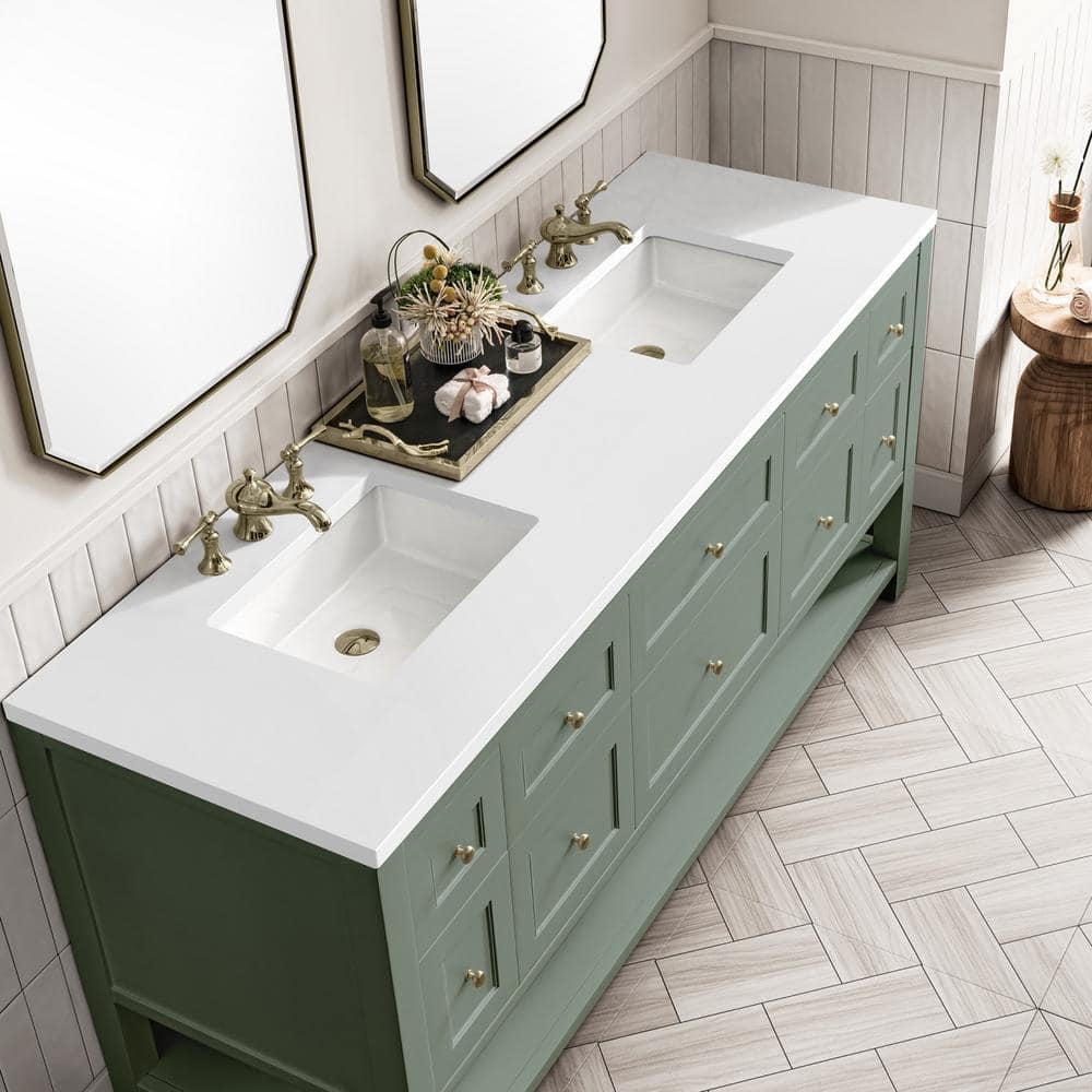 James Martin Vanities Breckenridge 72" Bathroom Vanity in Smokey Celadon with White Zeus Quartz Top