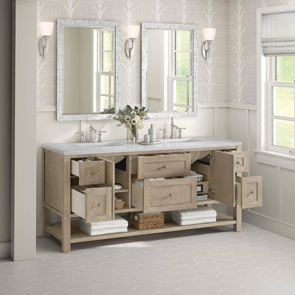 James Martin Vanities Breckenridge 72 in. Bathroom Vanity in Whitewashed Oak with Arctic Fall Top