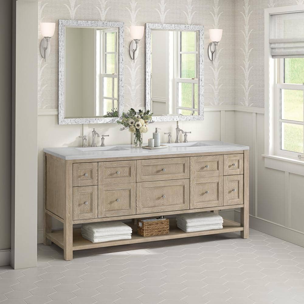 James Martin Vanities Breckenridge 72 in. Bathroom Vanity in Whitewashed Oak with Arctic Fall Top