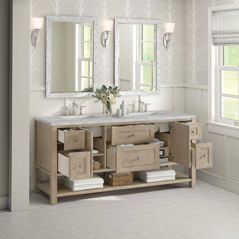 James Martin Vanities Breckenridge 72" Double Bath Vanity in Whitewashed Oak with Victorian Silver Quartz Top
