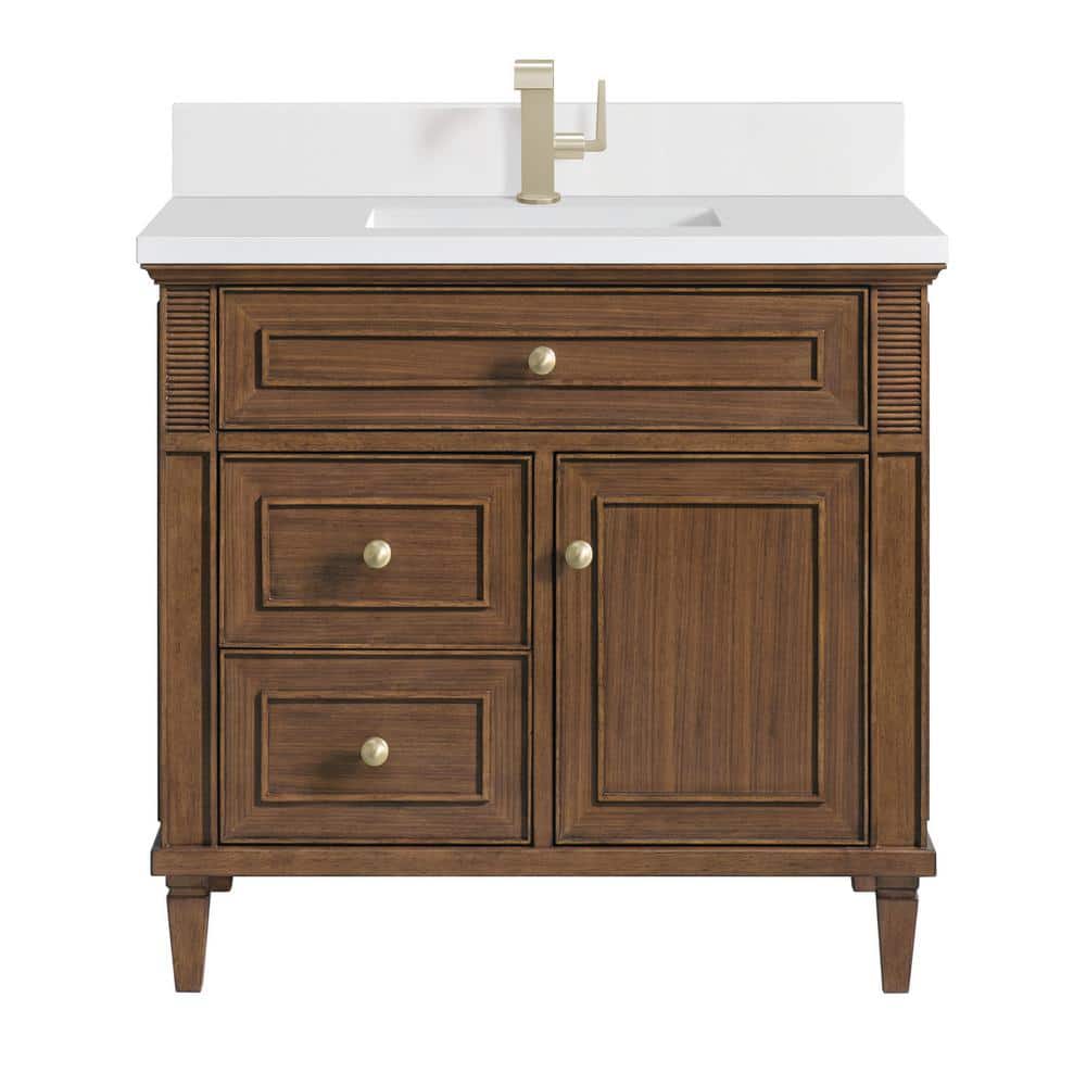 James Martin Vanities Lorelai 36" Single Sink Bath Vanity in Mid-Century Walnut with White Zeus Quartz Top