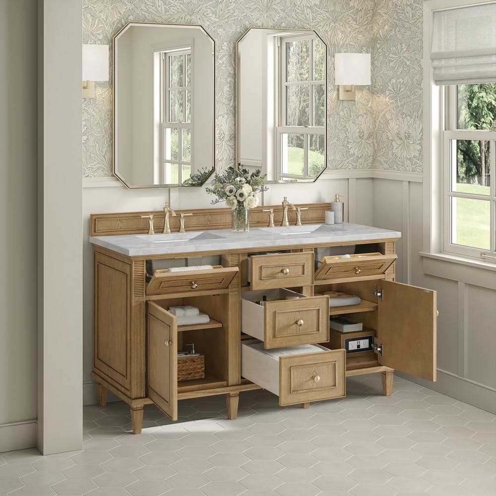 James Martin Vanities Lorelai 60" Double Bathroom Vanity in Light Natural Oak with Quartz Top