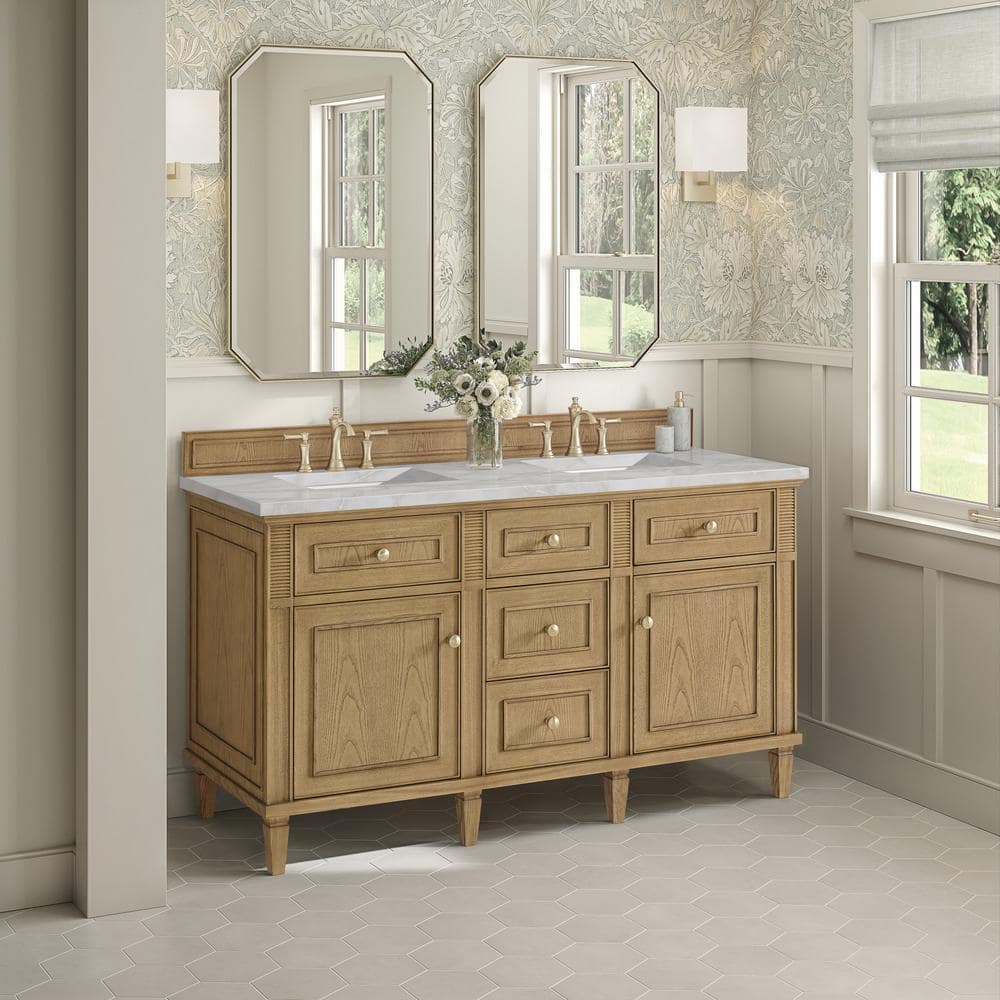James Martin Vanities Lorelai 60" Double Bathroom Vanity in Light Natural Oak with Quartz Top