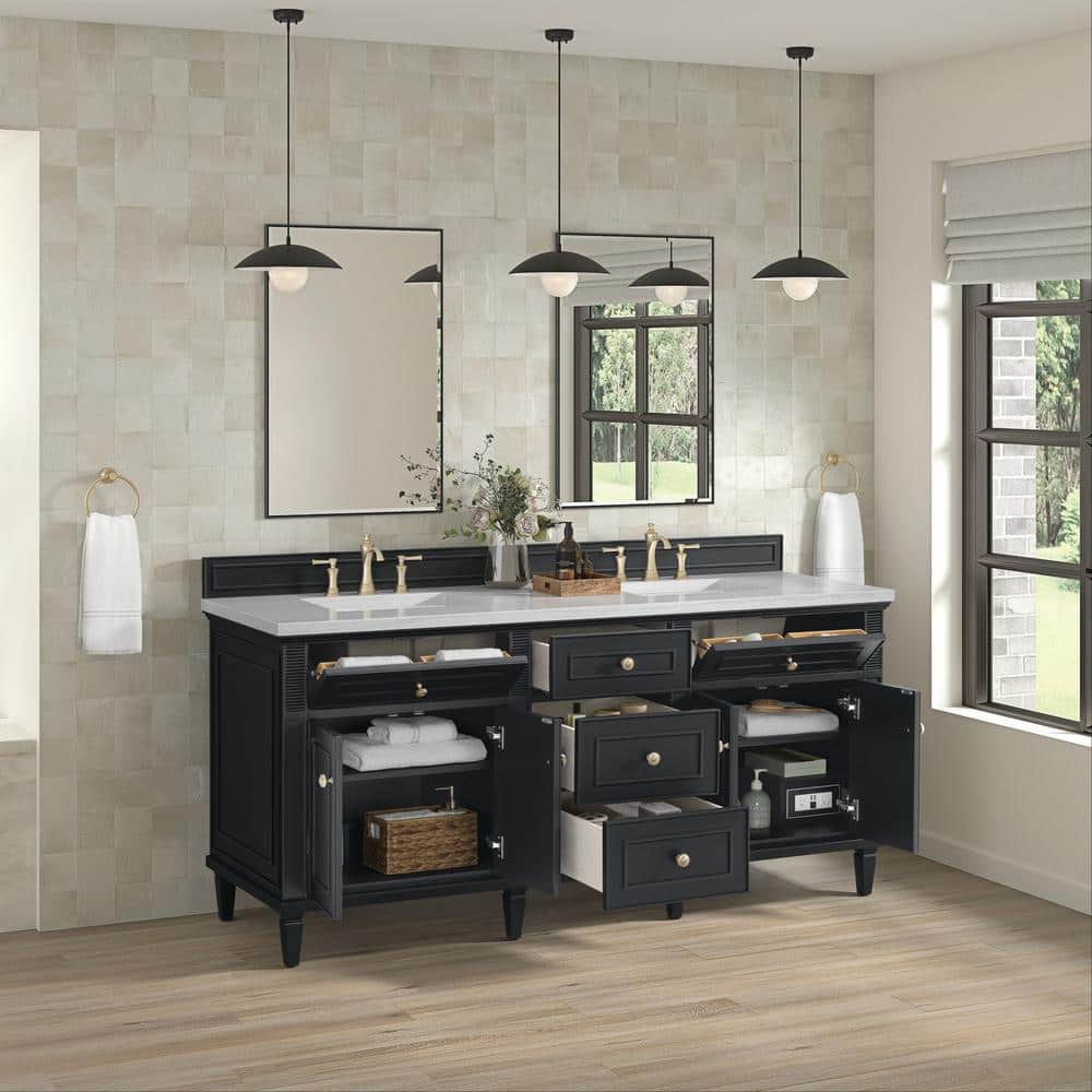 James Martin Vanities Lorelai 72" Double Bath Vanity in Black Onyx with Arctic Fall Top