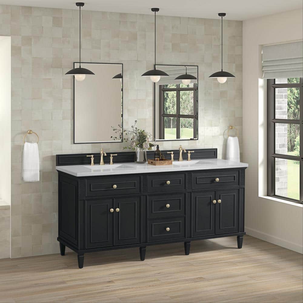 James Martin Vanities Lorelai 72" Double Bath Vanity in Black Onyx with Arctic Fall Top