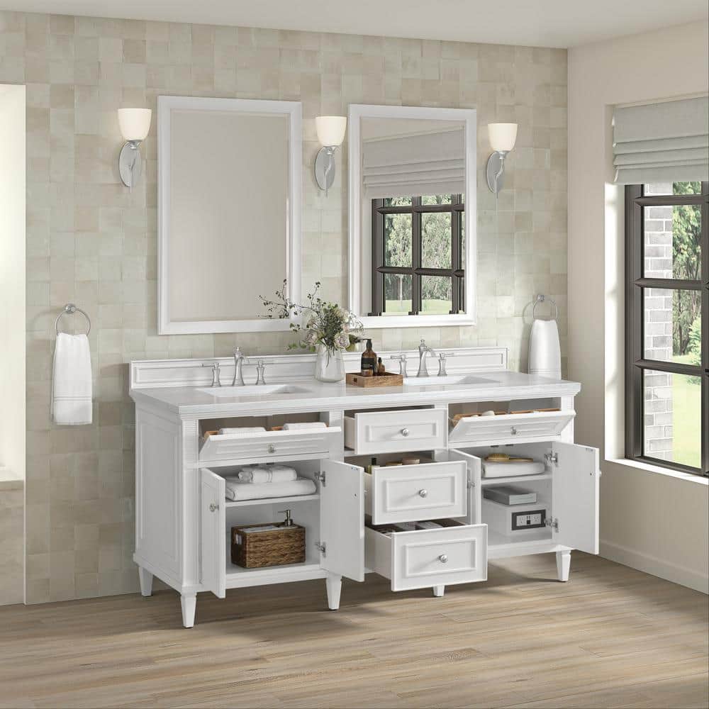 James Martin Vanities Lorelai 72" Double Bathroom Vanity in Bright White with Arctic Fall Top