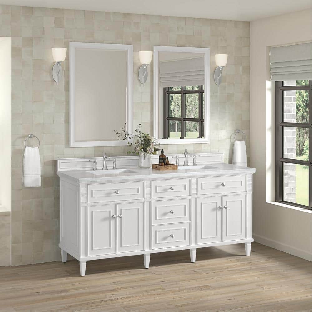 James Martin Vanities Lorelai 72" Double Bathroom Vanity in Bright White with Arctic Fall Top