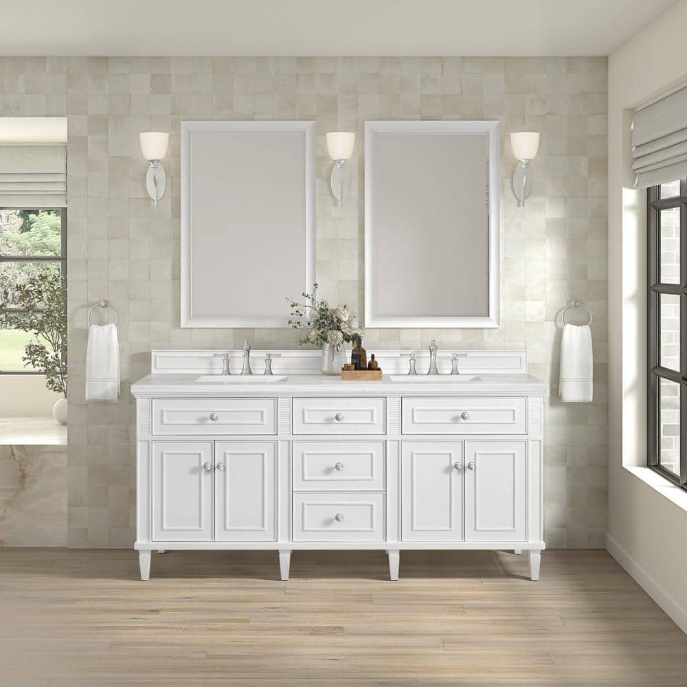 James Martin Vanities Lorelai 72" Double Bathroom Vanity in Bright White with Arctic Fall Top