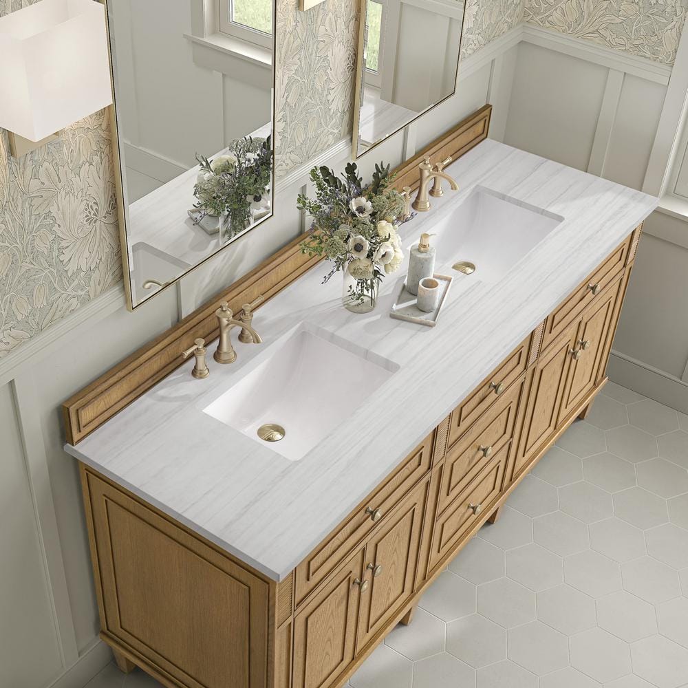 James Martin Vanities Lorelai 72" Double Vanity in Light Natural Oak with Arctic Fall Top