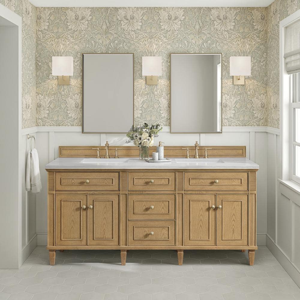 James Martin Vanities Lorelai 72" Double Vanity in Light Natural Oak with Arctic Fall Top