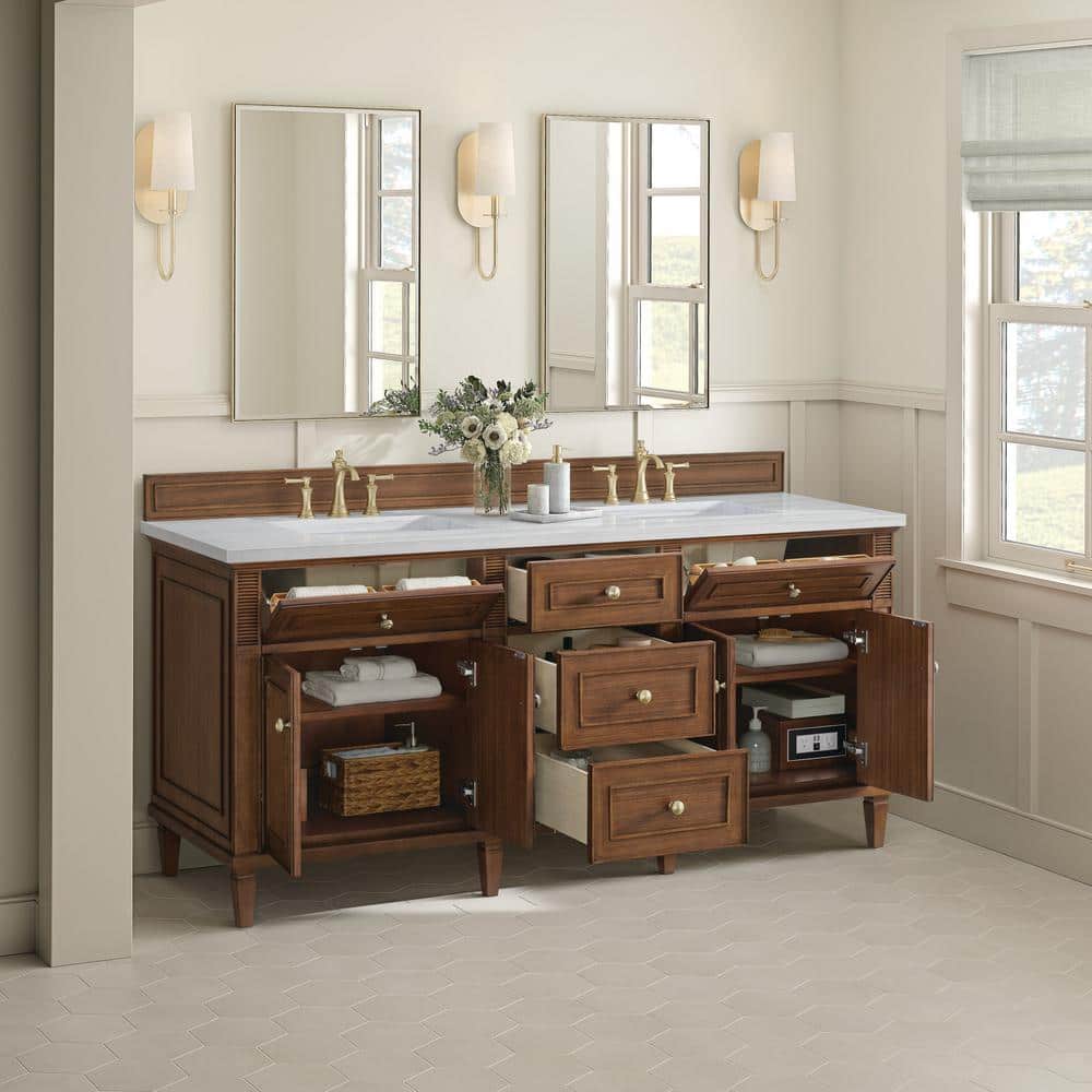 James Martin Vanities Lorelai 72" Double Vanity in Mid-Century Walnut with Arctic Fall Top