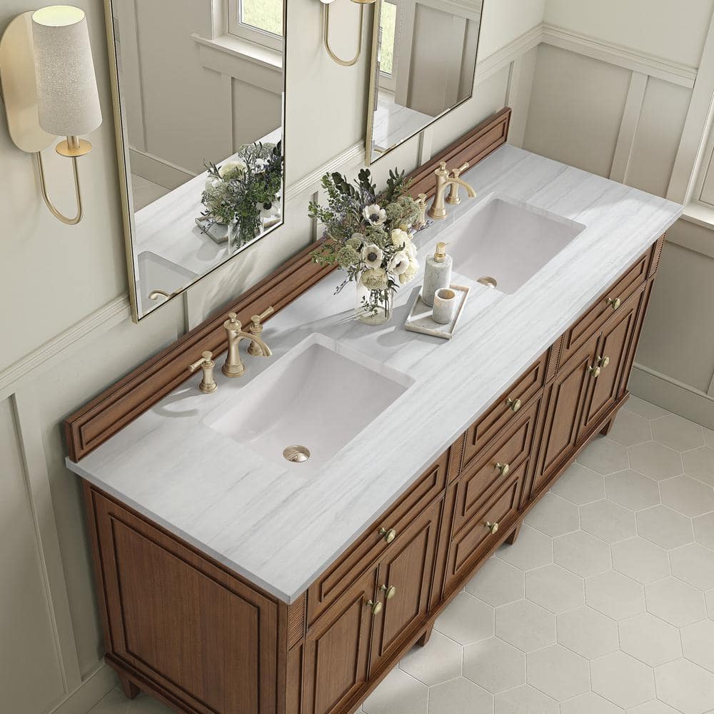 James Martin Vanities Lorelai 72" Double Vanity in Mid-Century Walnut with Arctic Fall Top