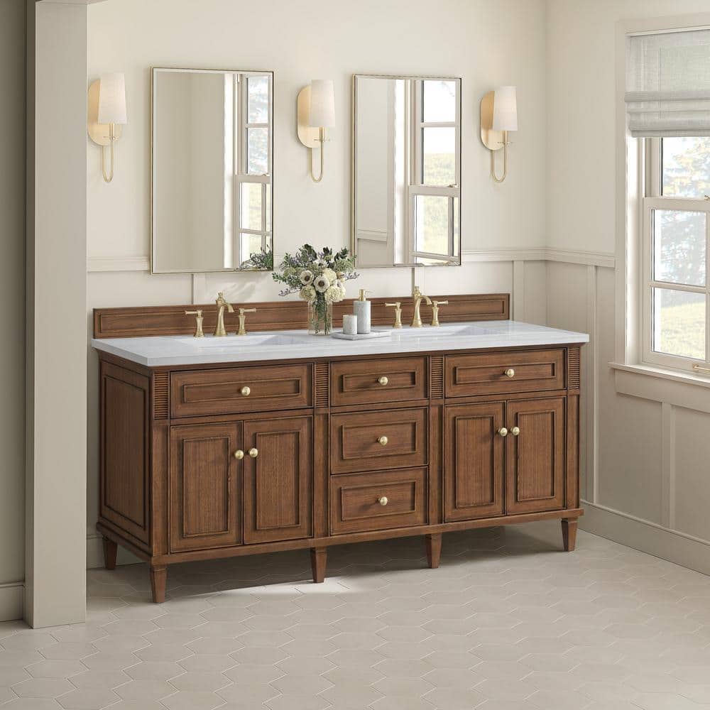 James Martin Vanities Lorelai 72" Double Vanity in Mid-Century Walnut with Arctic Fall Top