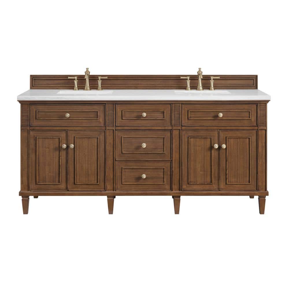 James Martin Vanities Lorelai 72" Double Vanity in Mid-Century Walnut with Arctic Fall Top