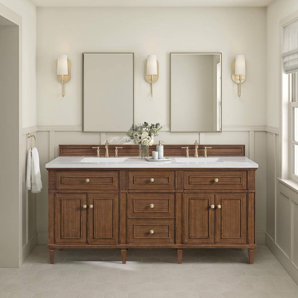 James Martin Vanities Lorelai 72" Double Vanity in Mid-Century Walnut with Arctic Fall Top