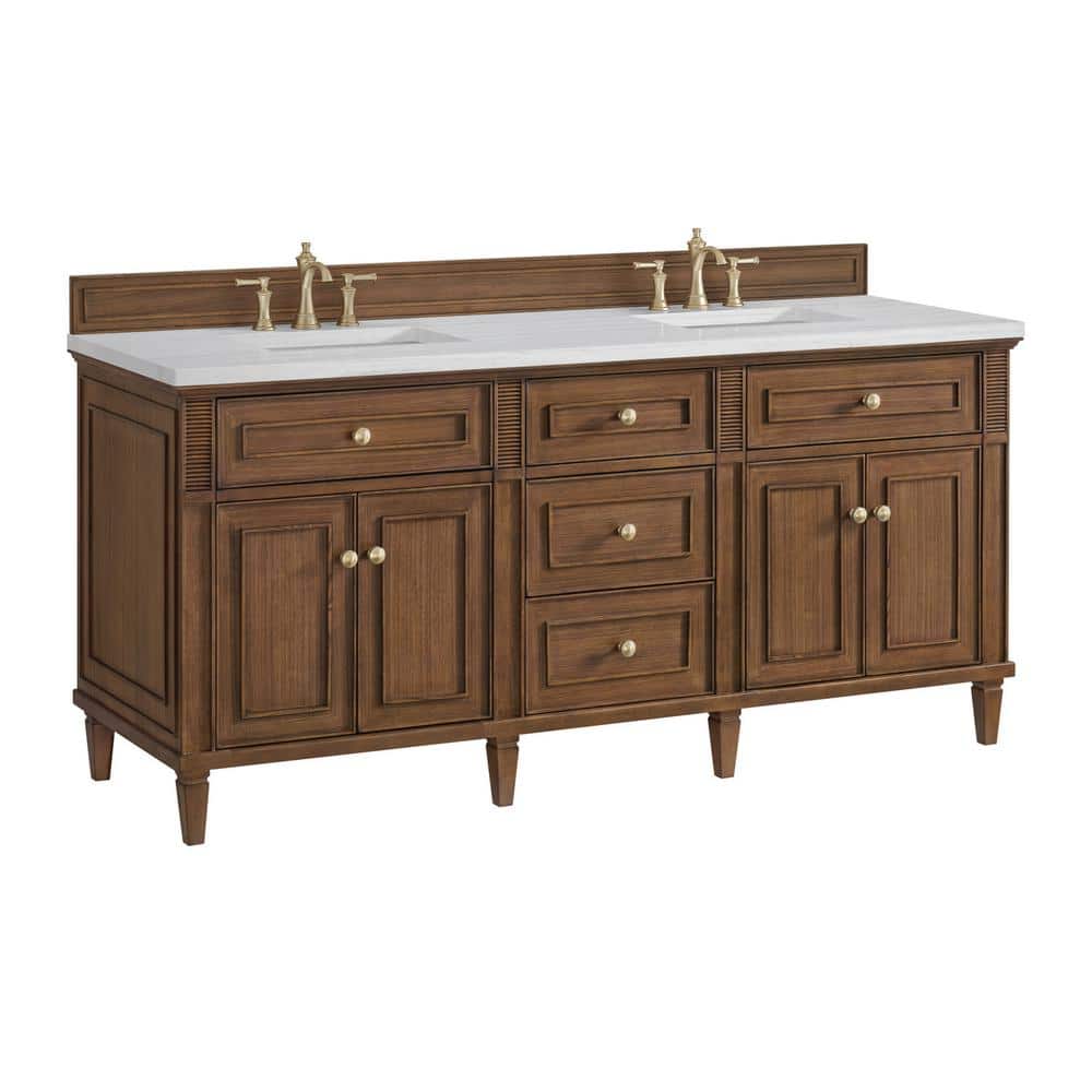 James Martin Vanities Lorelai 72" Double Vanity in Mid-Century Walnut with Arctic Fall Top