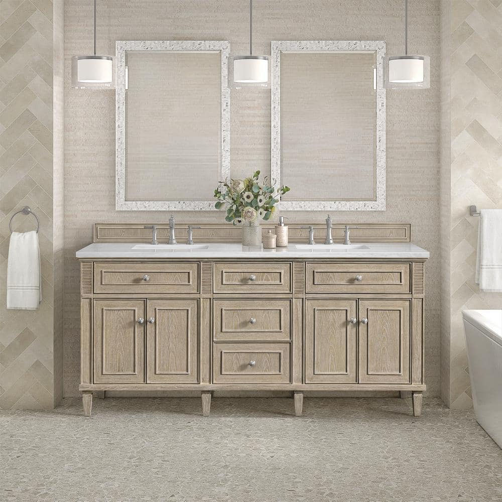 James Martin Vanities Lorelai 72" Double Sink Vanity in Whitewashed Oak with Arctic Fall Top