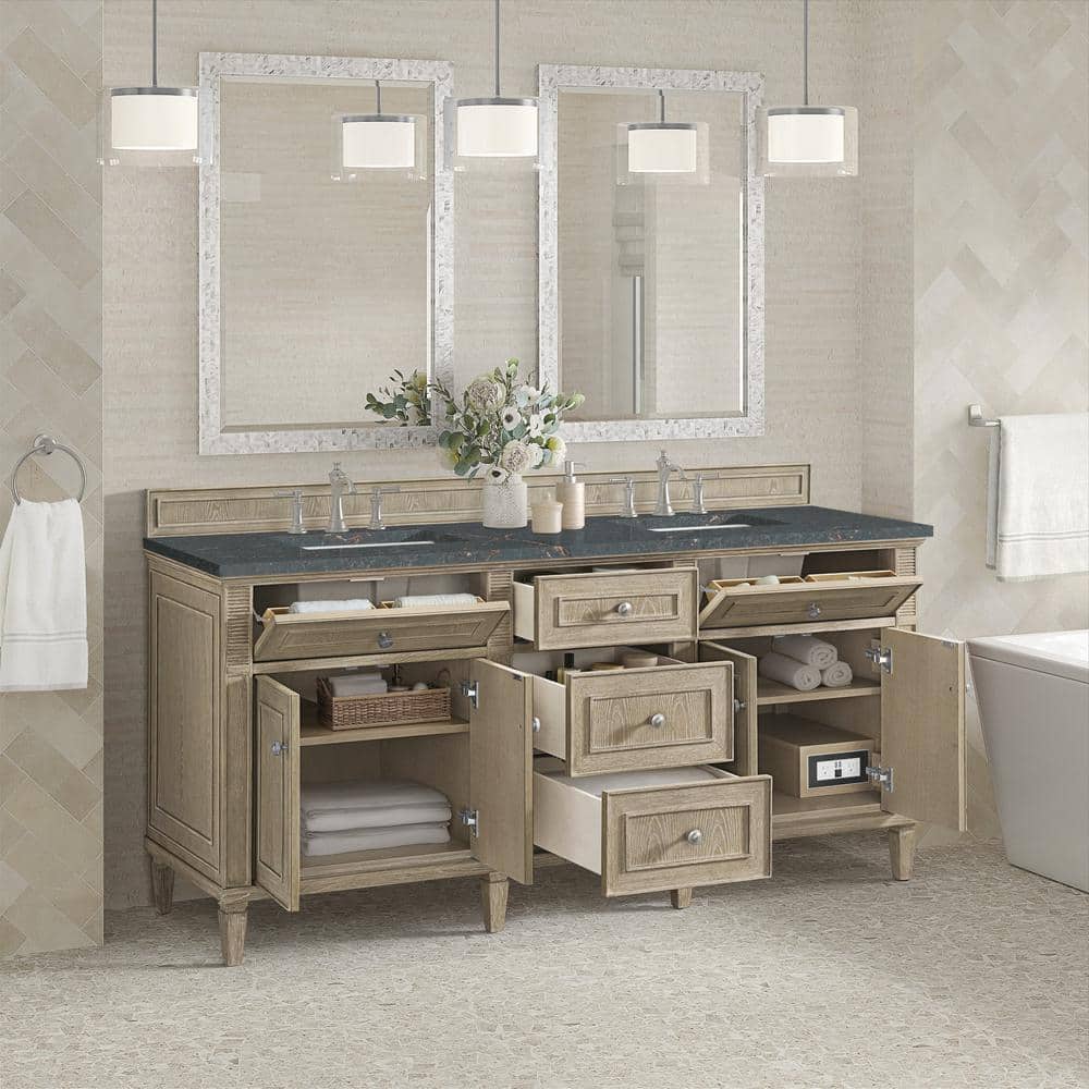 James Martin Vanities Lorelai 72" Double Bathroom Vanity in Whitewashed Oak with Parisien Bleu Quartz Top