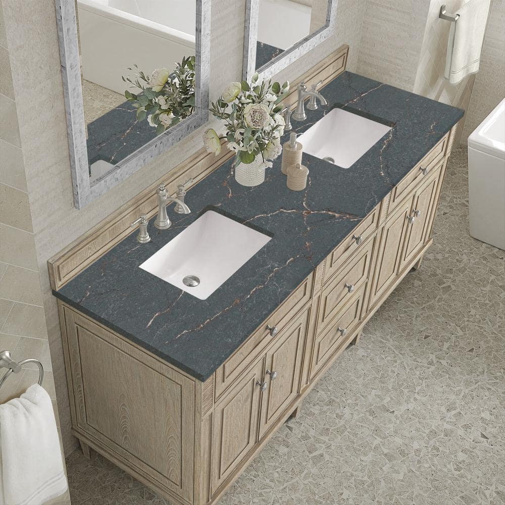 James Martin Vanities Lorelai 72" Double Bathroom Vanity in Whitewashed Oak with Parisien Bleu Quartz Top