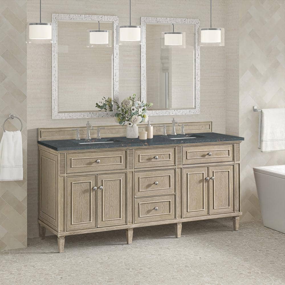 James Martin Vanities Lorelai 72" Double Bathroom Vanity in Whitewashed Oak with Parisien Bleu Quartz Top
