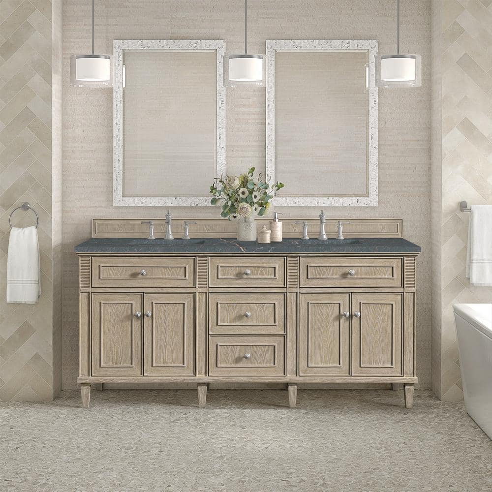 James Martin Vanities Lorelai 72" Double Bathroom Vanity in Whitewashed Oak with Parisien Bleu Quartz Top
