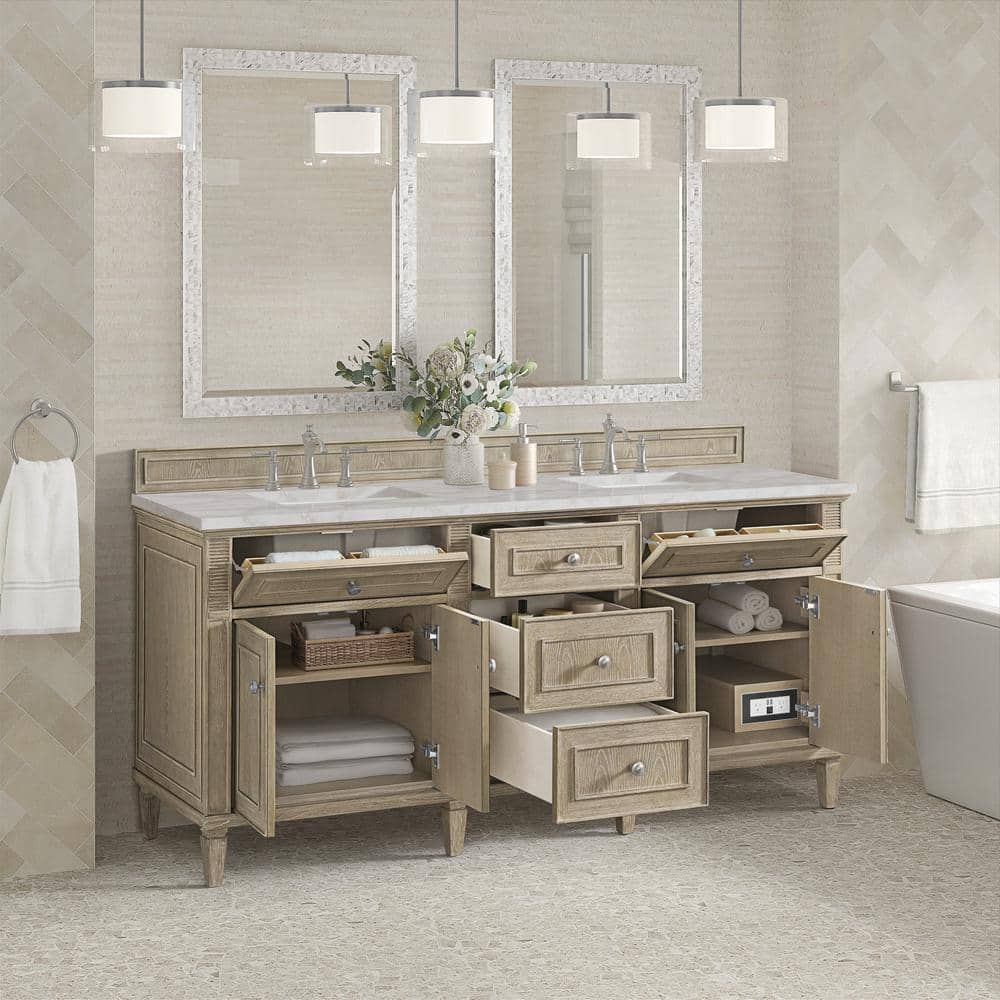 James Martin Vanities Lorelai 72" Double Bath Vanity in Whitewashed Oak with Victorian Silver Quartz Top