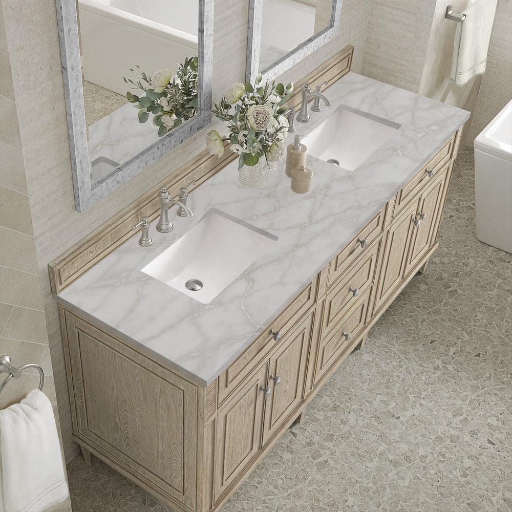 James Martin Vanities Lorelai 72" Double Bath Vanity in Whitewashed Oak with Victorian Silver Quartz Top