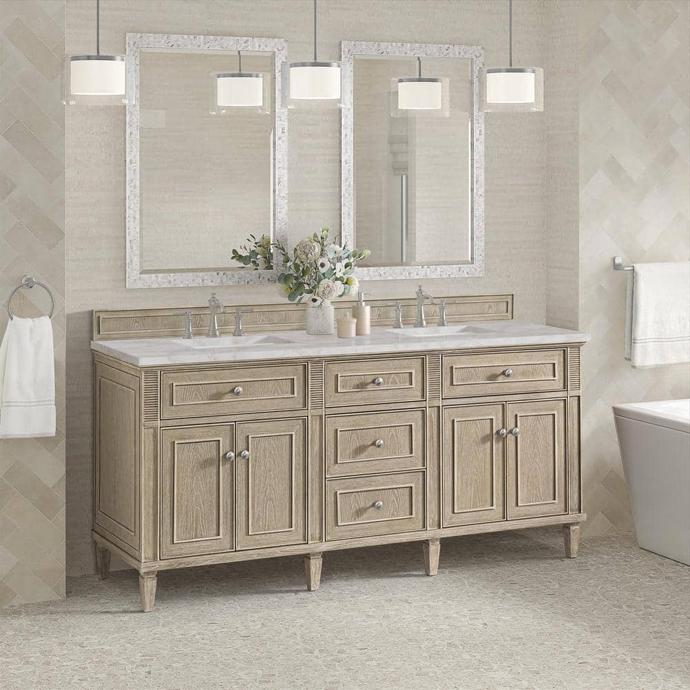 James Martin Vanities Lorelai 72" Double Bath Vanity in Whitewashed Oak with Victorian Silver Quartz Top