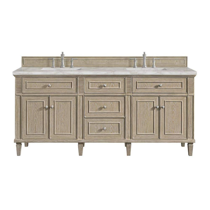 James Martin Vanities Lorelai 72" Double Bath Vanity in Whitewashed Oak with Victorian Silver Quartz Top