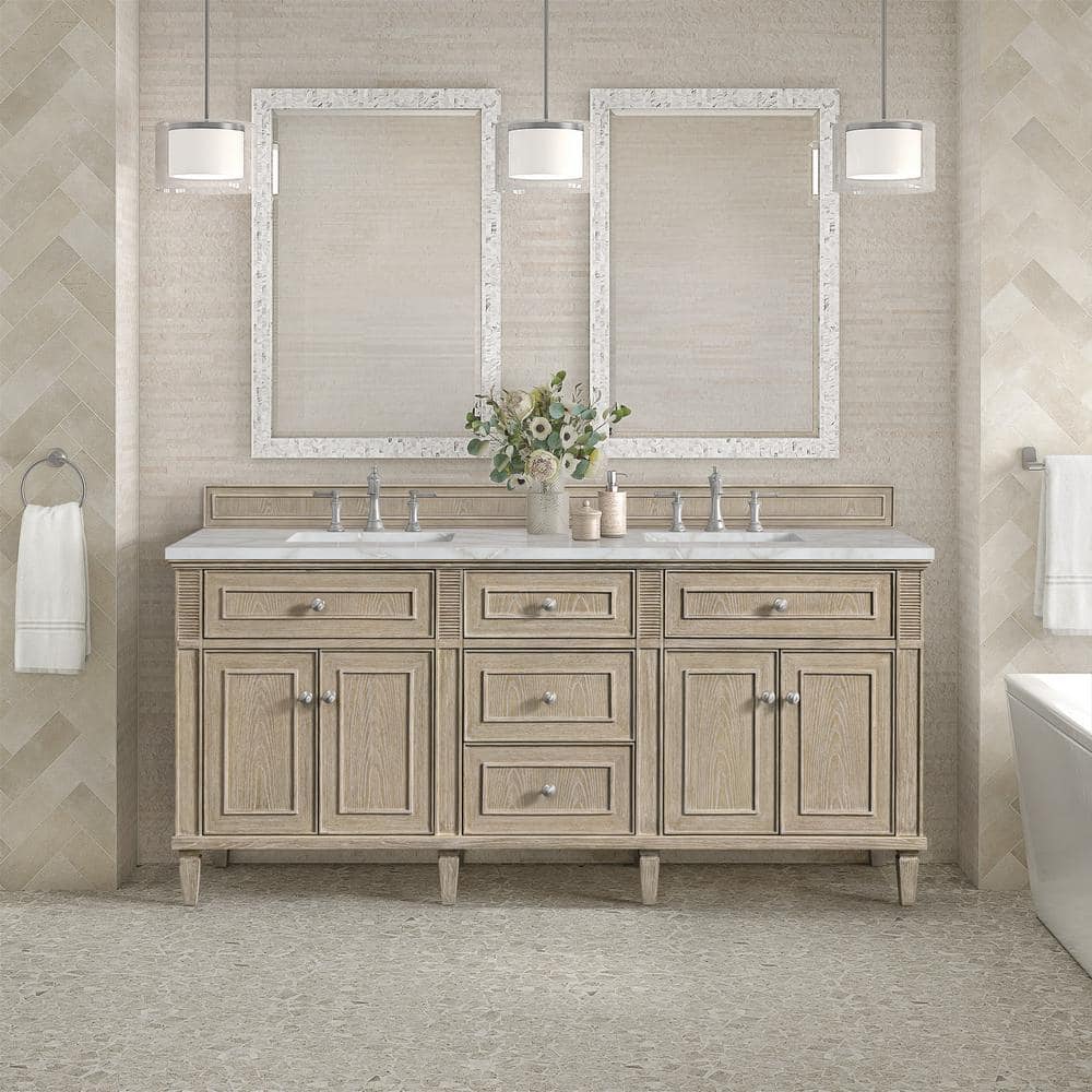 James Martin Vanities Lorelai 72" Double Bath Vanity in Whitewashed Oak with Victorian Silver Quartz Top