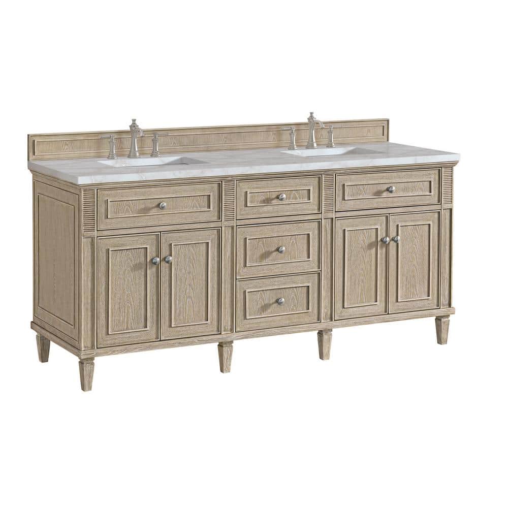 James Martin Vanities Lorelai 72" Double Bath Vanity in Whitewashed Oak with Victorian Silver Quartz Top