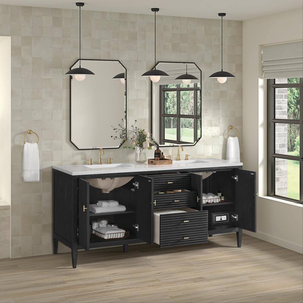 James Martin Vanities Myrrin 72-inch Double Bathroom Vanity in Carbon Oak with Arctic Fall Top