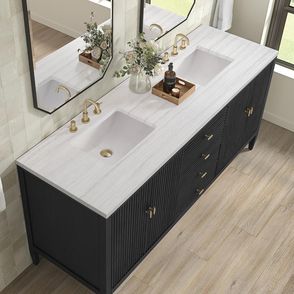 James Martin Vanities Myrrin 72-inch Double Bathroom Vanity in Carbon Oak with Arctic Fall Top