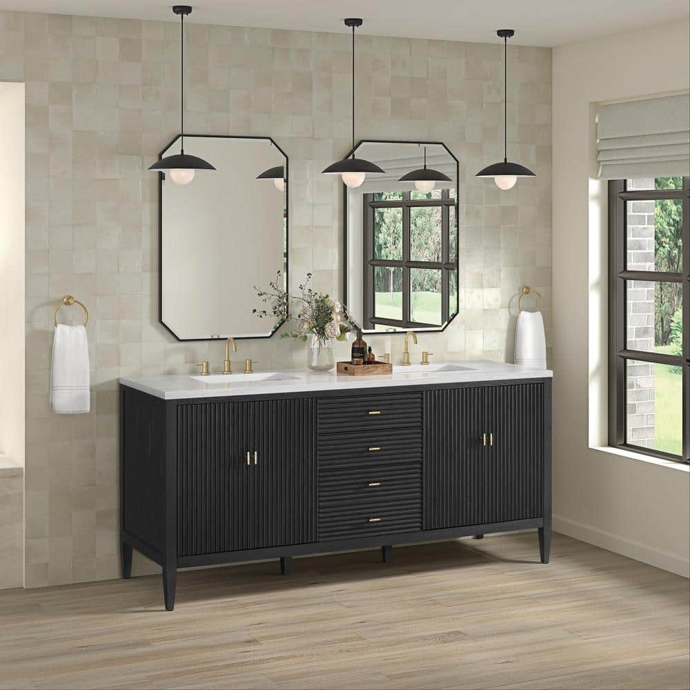 James Martin Vanities Myrrin 72-inch Double Bathroom Vanity in Carbon Oak with Arctic Fall Top
