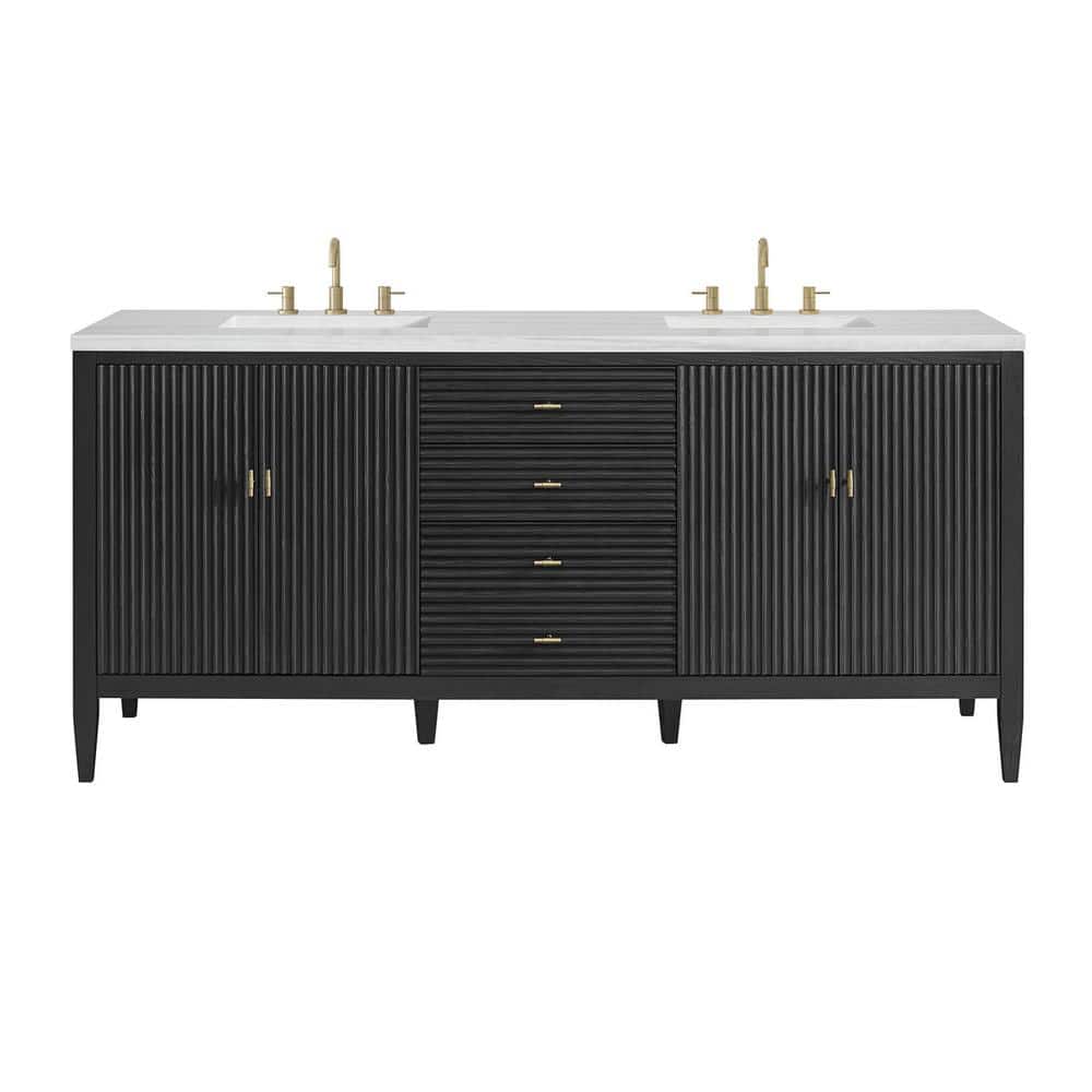 James Martin Vanities Myrrin 72-inch Double Bathroom Vanity in Carbon Oak with Arctic Fall Top
