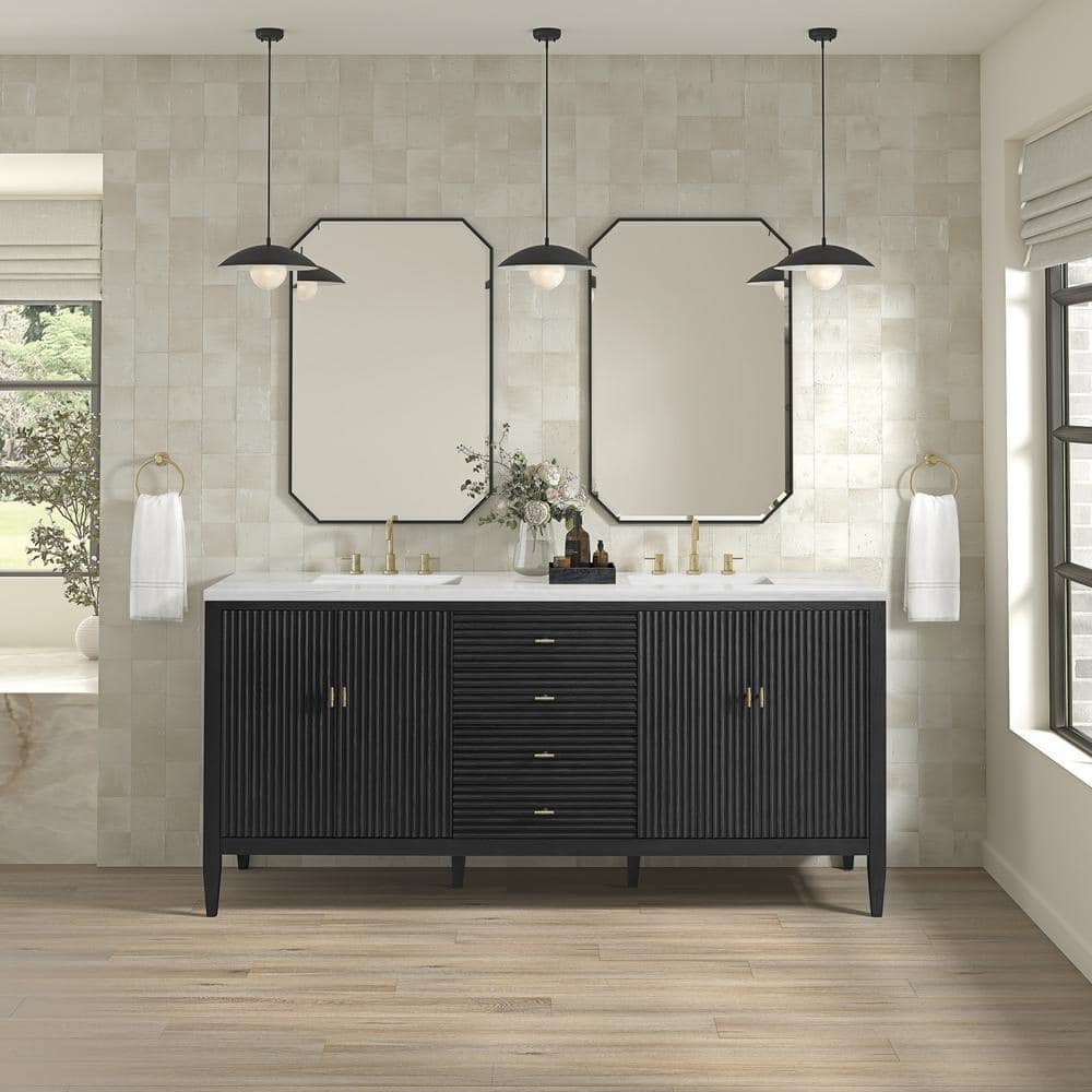 James Martin Vanities Myrrin 72-inch Double Bathroom Vanity in Carbon Oak with Arctic Fall Top