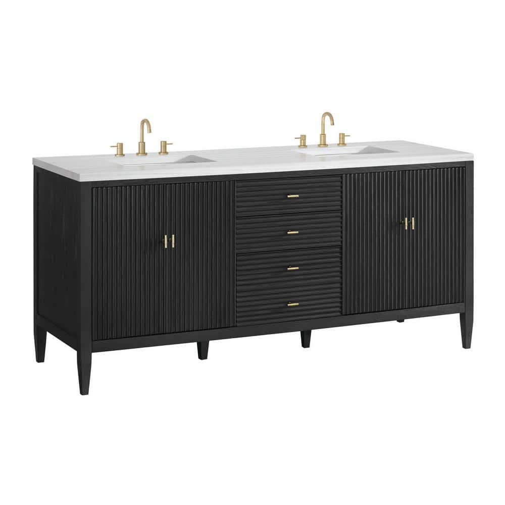 James Martin Vanities Myrrin 72-inch Double Bathroom Vanity in Carbon Oak with Arctic Fall Top