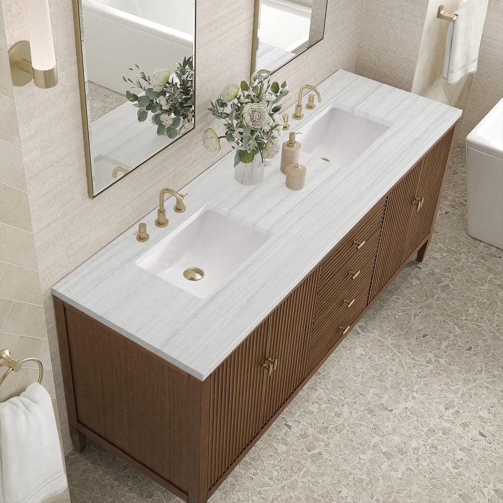James Martin Vanities Myrrin 72-inch Double Bath Vanity in Walnut with Arctic Fall Top