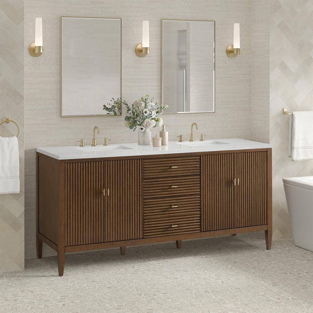 James Martin Vanities Myrrin 72-inch Double Bath Vanity in Walnut with Arctic Fall Top