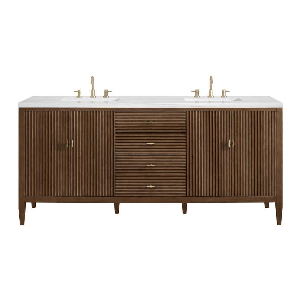 James Martin Vanities Myrrin 72-inch Double Bath Vanity in Walnut with Arctic Fall Top