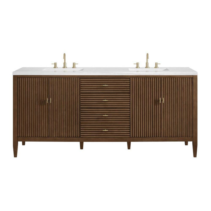James Martin Vanities Myrrin 72-inch Double Bath Vanity in Walnut with Arctic Fall Top