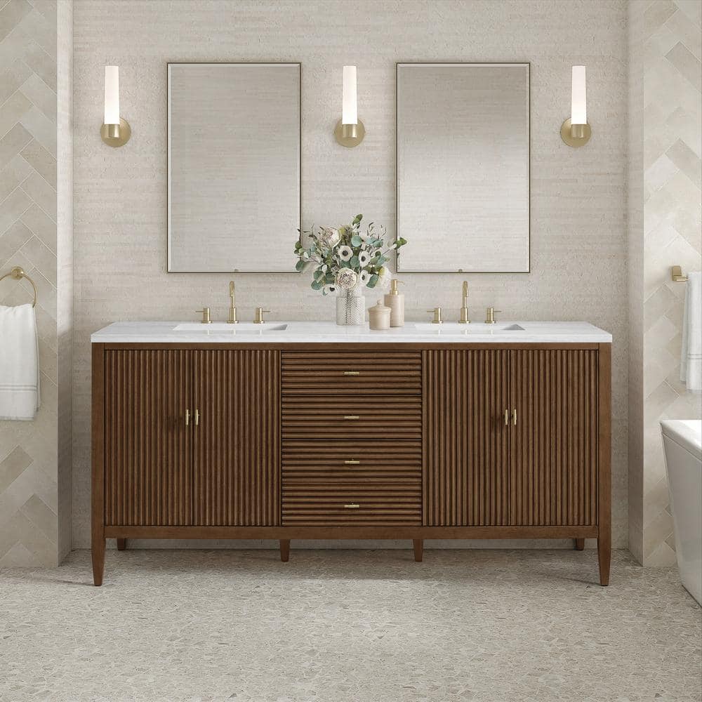 James Martin Vanities Myrrin 72-inch Double Bath Vanity in Walnut with Arctic Fall Top